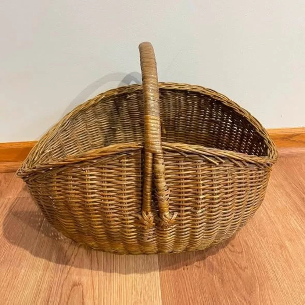 VTG Large French Basket Country Woven Wicker Rattan Flower Herb Gathering 19x15